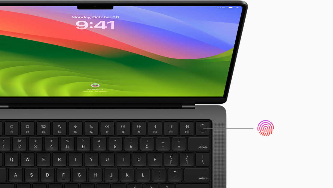 MacBook Pro screen shows an online purchase being made with Touch ID.