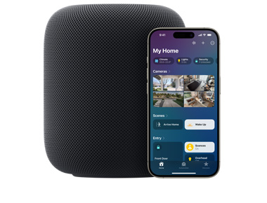 A Midnight HomePod with iPhone showing 'My Home' UI on the Home app