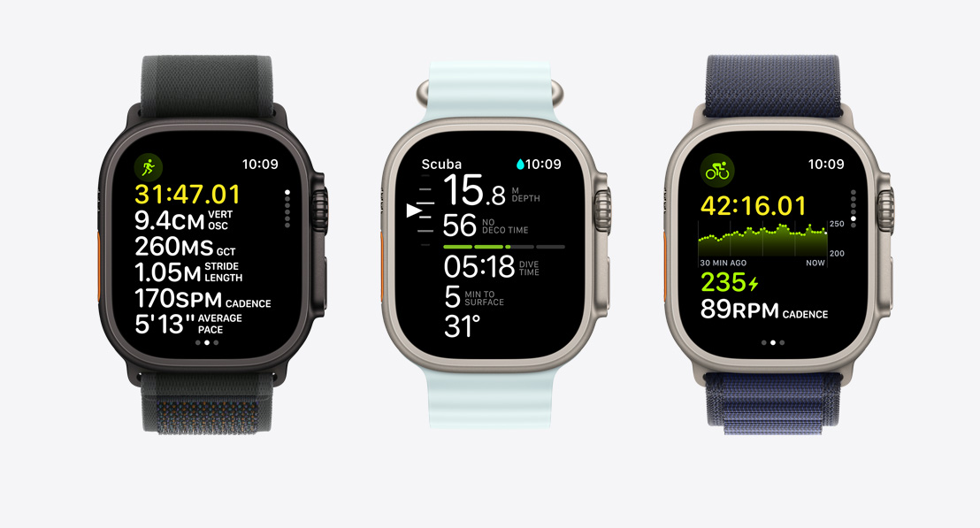 Three Apple Watch screens showing fitness metrics. One for running, one for scuba, and one for cycling.