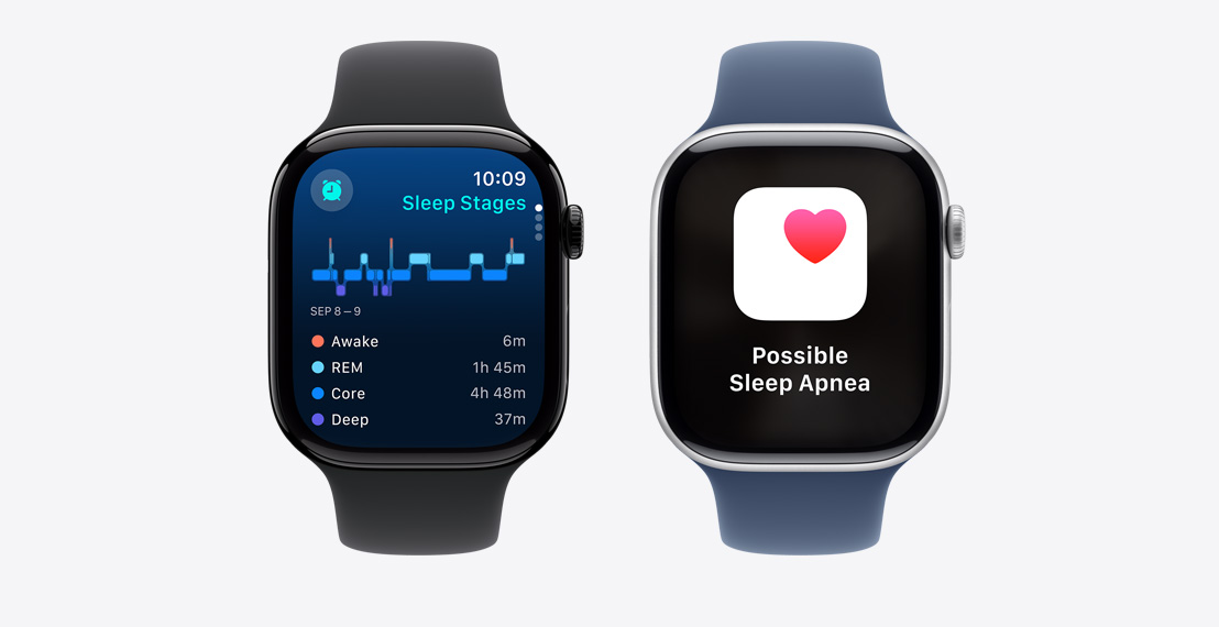 Two Apple Watch Series 10. The first shows Sleep Stages data. The second shows a Possible Sleep Apnea notification.