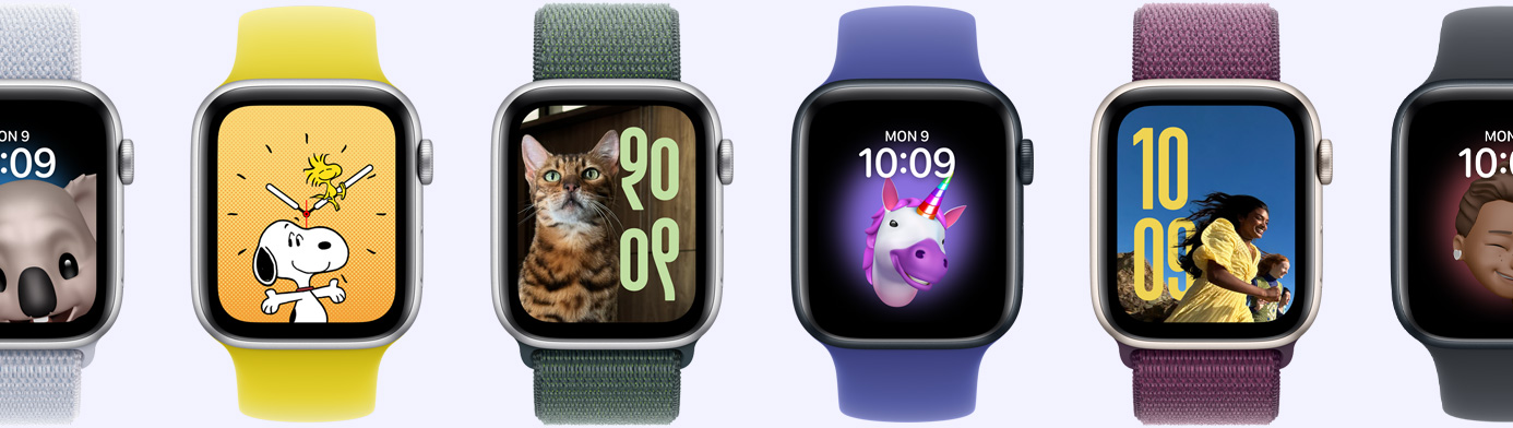 Enam perangkat Apple Watch yang menampilkan berbagai opsi wajah jam, termasuk Memoji, Foto, Potret, dan Snoopy