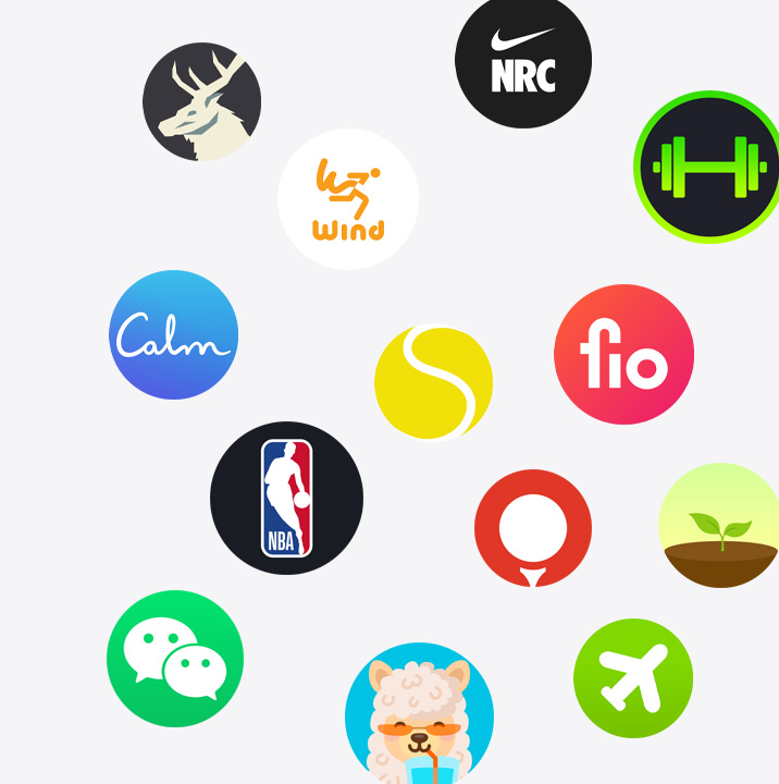 Ikon aplikasi Apple Watch dari App Store. ChargePoint, Yelp, Nike Run Club, SmartGym, Calm, NBA, SwingVision, Oceanic+, WeChat, Waterllama, Golfshot, JetBlue, dan AllTrails.