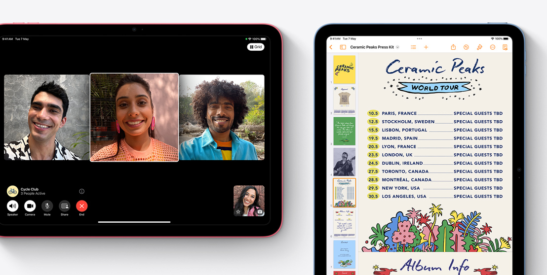 Two iPads shown, one showcasing a FaceTime video call and the other featuring the Pages app.