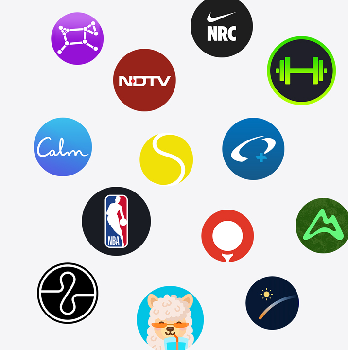 The icons of Apple Watch apps from the App Store. ChargePoint, Yelp, Nike Run Club, SmartGym, Calm, NBA, SwingVision, Oceanic+, WeChat, Waterllama, Golfshot, JetBlue, and AllTrails.