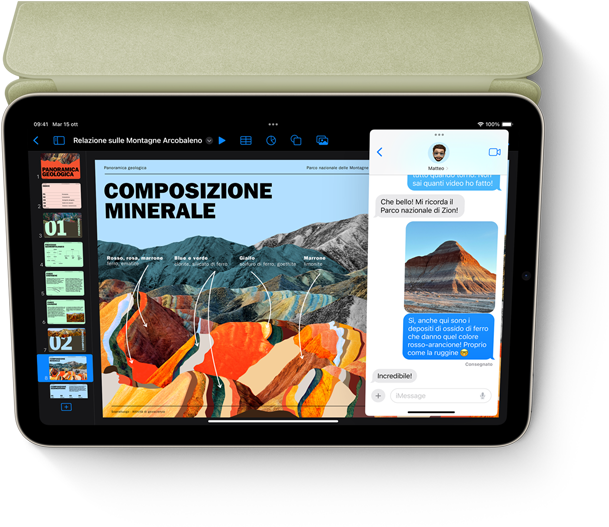 Un iPad mini in orizzontale che mostra la funzione Slide Over con Keynote e Messaggi.