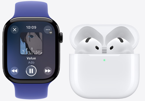 AirPods 4の隣にApple Watch Series 10があり、曲を再生している。