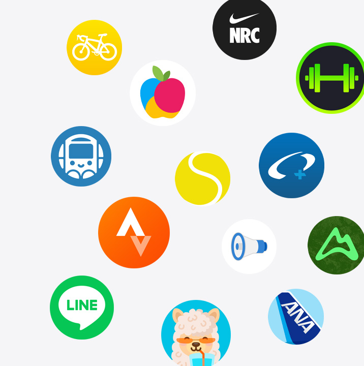 App StoreにあるApple Watch用アプリを紹介する画像。Cyclemeter、YAZIO、Nike Run Club、SmartGym、駅すぱあと、SwingVision、Oceanic+、Strava、Yahoo!防災速報、AllTrails、LINE、Waterllama、ANAアプリのアイコンがある。