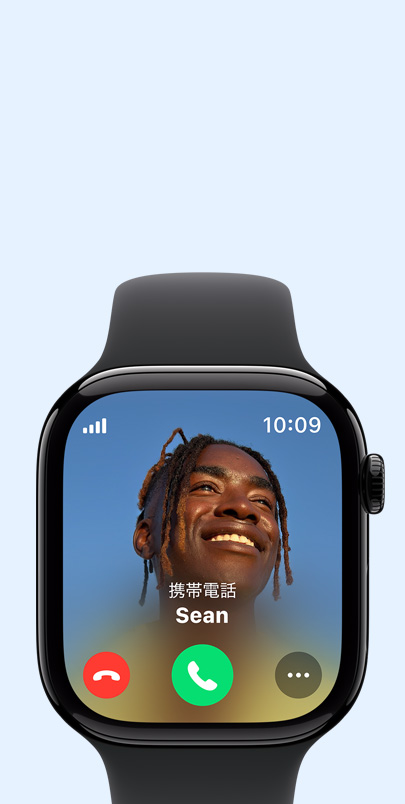 着信が表示されているApple Watch Series 10。プラスボタンをクリックすると、つながるための機能についてさらに詳しい情報が表示される。