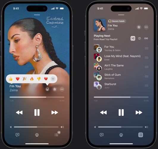 جهاز iPhone على اليسار يعرض تشغيل أغنية ' Don't Do Me Good' غناء Madi Diaz وKacey Musgraves على الشاشة مع عرض رموز إيموجي للتفاعل مع الأغنية التي تعرض خيارات رفع إصبع الإبهام، أو قلب، أو احتفال، أو إصبع إبهام للأسفل، أو إضافة رد فعل آخر، وجهاز iPhone على اليمين يعرض قائمة تشغيل مشتركة تسمى 'Road Trip Playlist' تحتوي على أغانٍ متعددة أضافها مساهمون آخرون في القائمة