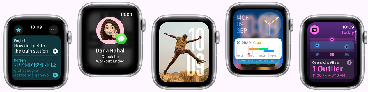 Five Apple Watch devices showing screens including Translate app, Check in app, Photos face, Modular watch face, and Vitals app