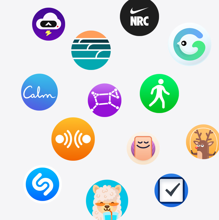 各種來自 App Store 的 Apple Watch app 圖示，分別為 Calm、CARROT、Dawn Patrol、Grow、iTranslate、Night Sky、Nike Run Club、OffScreen、Pedometer++、Shazam、Things 3、Waterllama 及 YaoYao