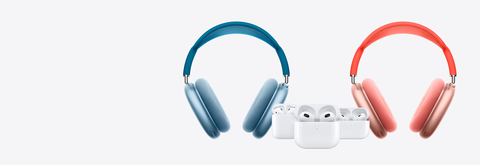 左右兩側是 AirPods Max，置中的是 AirPods 4 及 AirPods Pro 2。