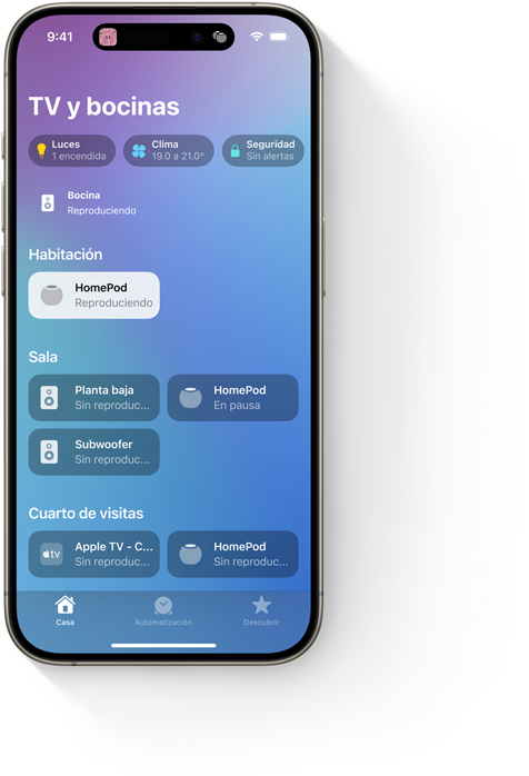 En la pantalla de un iPhone, se muestra la interfaz de 'TV y bocinas' en la app Casa