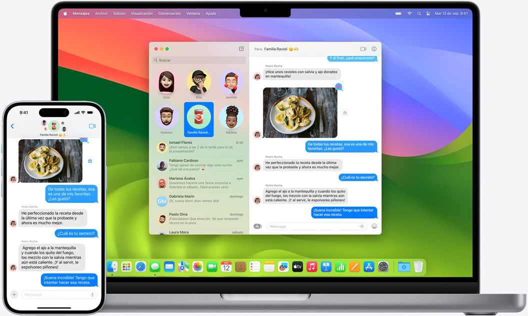 Los mismos mensajes se abren en una MacBook Pro y en un iPhone 16.