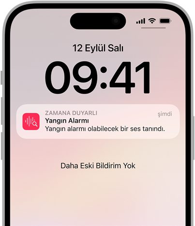 iPhone’da Yangın Alarmı için Ses Tanıma uyarısı.