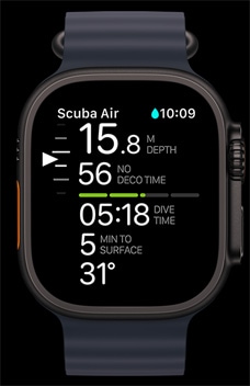 Apple Watch Ultra 2’de Oceanic+ uygulaması gösteriliyor.