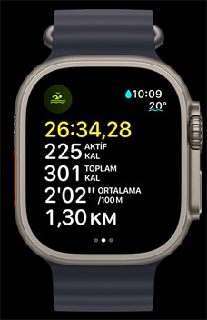 Apple Watch Ultra 2’nin açık suda yüzme ekranında süre, kalori ve tempo bilgileri gösteriliyor.