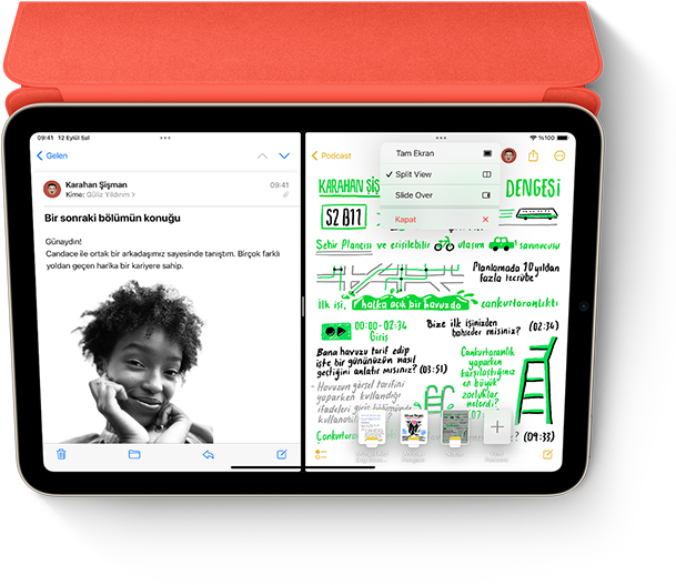 Smart Folio ve Apple Pencil’a sahip iPad’de Split View özelliğiyle bir Mail mesajı ve Notlar uygulamasında el yazısıyla yazılmış bir not gösteriliyor