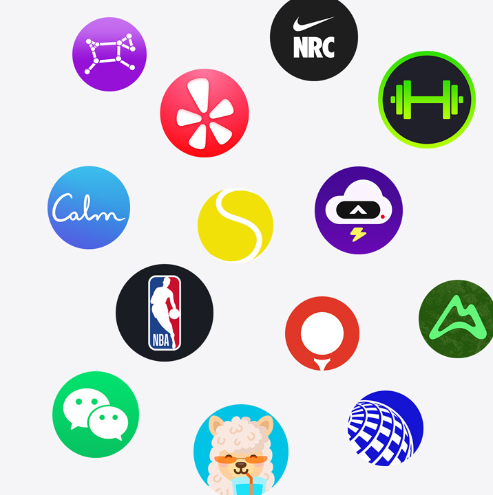 App Store’daki Apple Watch uygulamalarının simgeleri. ChargePoint, Yelp, Nike Run Club, SmartGym, Calm, NBA, SwingVision, Oceanic+, WeChat, Waterllama, Golfshot, JetBlue ve AllTrails