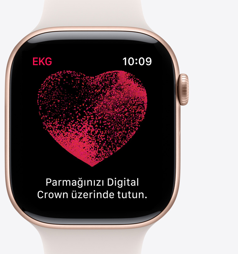 Apple Watch Series 10’da bir dalga formunu ve 22. saniyedeki bir geri sayım sayacını gösteren EKG uygulamasının önden görünümü.