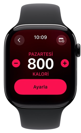 Bir Apple Watch ekranı 800 kalorilik bir Hareket hedefini gösteriyor.