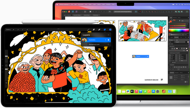 Показано, як користувач розробляє ілюстрацію за допомогою iPad і MacBook Pro