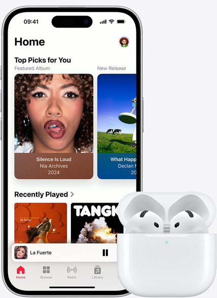 iPhone 16 playing music next to AirPods