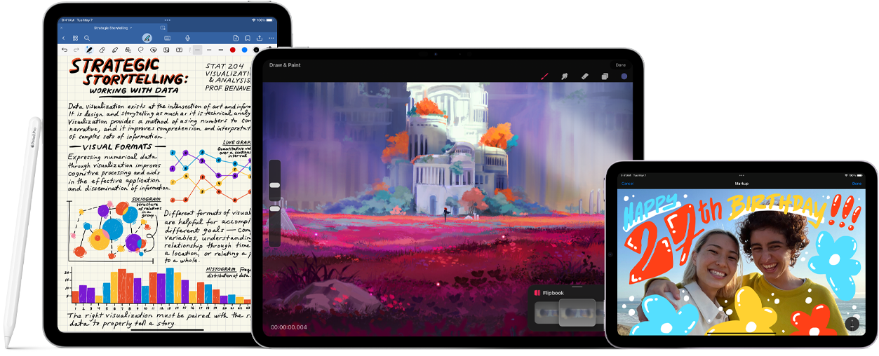 Vista frontal de três modelos de iPad, lado a lado. À esquerda, iPad de 10.ª geração na vertical com o Apple Pencil de 1.ª geração. No centro, iPad Pro na horizontal, a mostrar um desenho colorido no ecrã e o Apple Pencil Pro encaixado na parte superior. À direita, iPad mini na horizontal com o Apple Pencil de 2.ª geração encaixado na parte superior. Apple Pencil (USB-C) pousado na horizontal em frente ao iPad Pro e iPad mini.