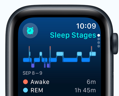 Layar aplikasi Tidur menampilkan Tahap tidur, menit terbangun, dan menit tahap tidur REM