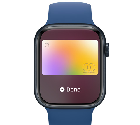 A front view of an Apple Watch. Someone made a payment with Apple Pay.