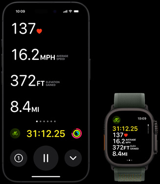 Vue Activité en direct montrant les données relatives à la pratique du vélo d’une personne à la fois sur son Apple Watch Ultra 2 et sur son iPhone.