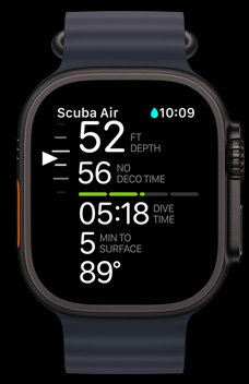 Apple Watch Ultra 2 affichant l’app Oceanic+.