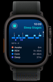 L’app Sommeil montrant le temps passé dans les phases de sommeil paradoxal, lent et profond.