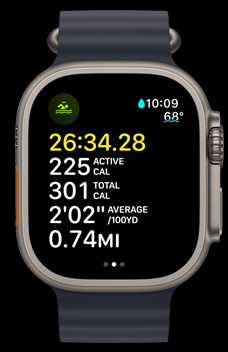 Cadran d’Apple Watch Ultra 2 affichant une nage en eau libre avec le temps, les calories et l’allure.