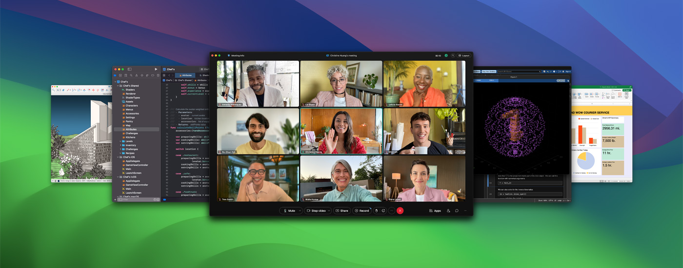 Mehrere App Bildschirme, darunter ein virtuelles Meeting auf Zoom.