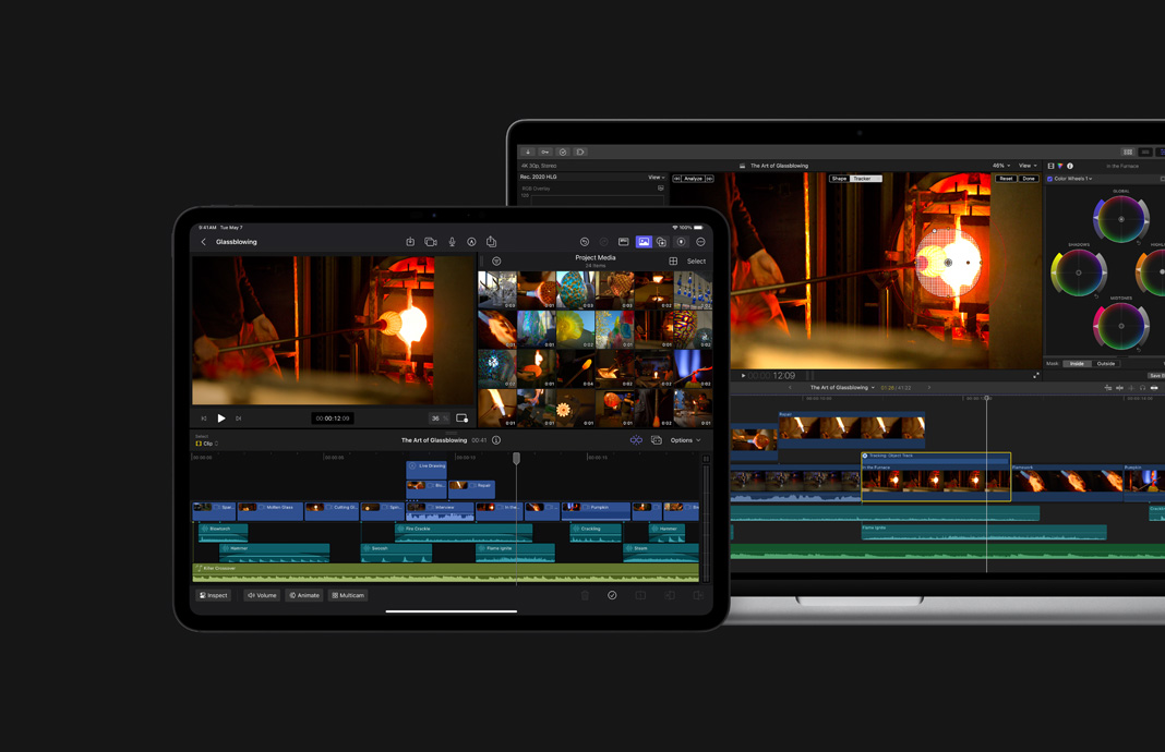 Un iPad y una Mac muestran una grabación sobre la técnica de vidrio soplado. Un Apple Pencil con la pantalla de título de un video en Final Cut Pro para el iPad junto a una MacBook Pro que muestra la edición del mismo video en Final Cut Pro.