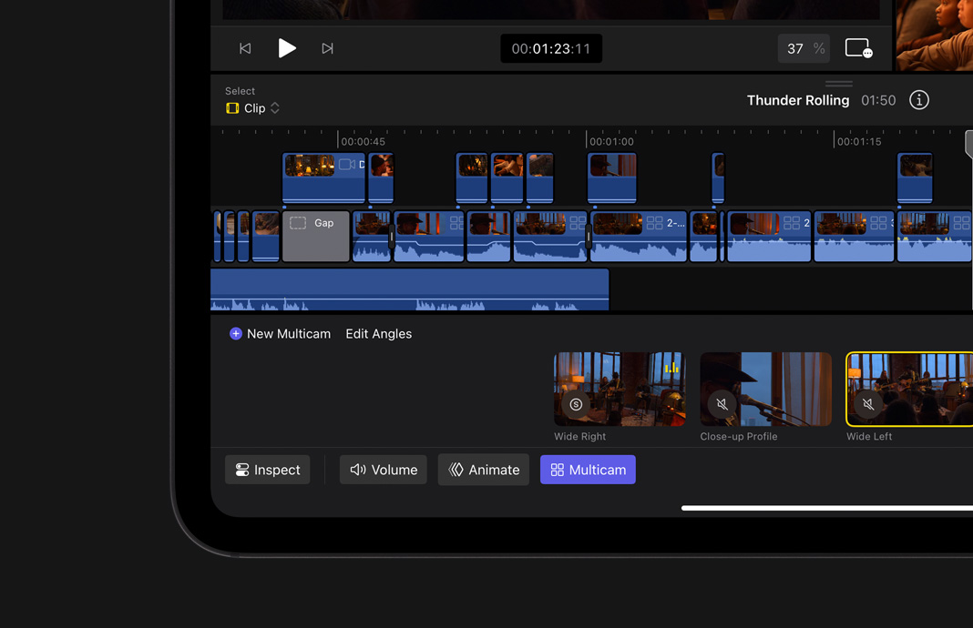 Cambio de ángulos en la Línea de Tiempo Magnética de Final Cut Pro para el iPad en un iPad Pro.