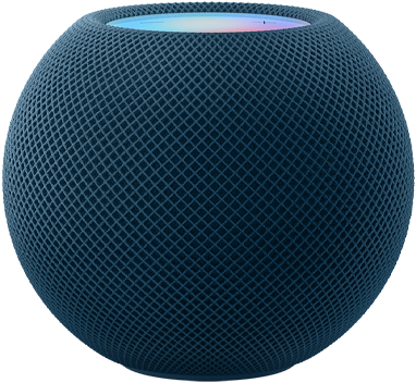 Blue HomePod mini with colourful pixels in motion above it spelling the word “mini”.