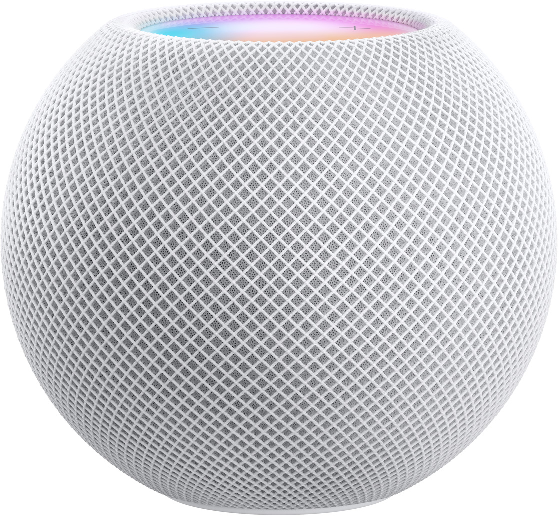 Un HomePod mini blanco con la parte superior colorida apenas visible.