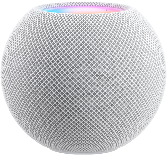 Arka arkaya dizilmiş Beyaz, Mavi ve Turuncu renkte üç HomePod mini’nin yandan çekilmiş görüntüsü. Siri etkinleştirilmiş durumda.