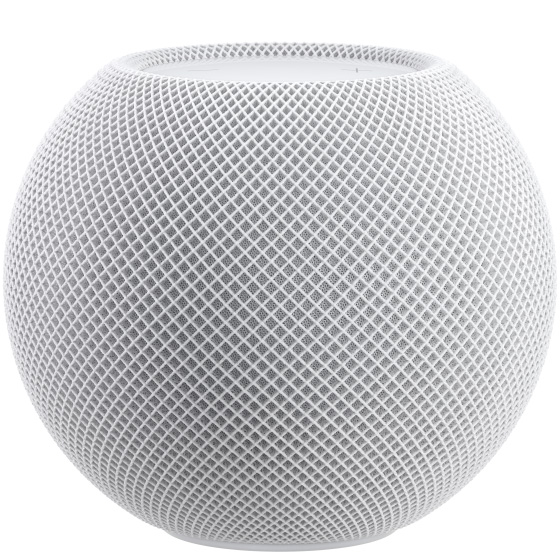 Beyaz renkte HomePod mini’nin yandan çekilmiş görüntüsü