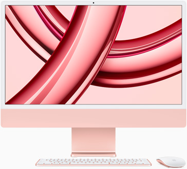 Ekranı öne dönük duran pembe renkte iMac