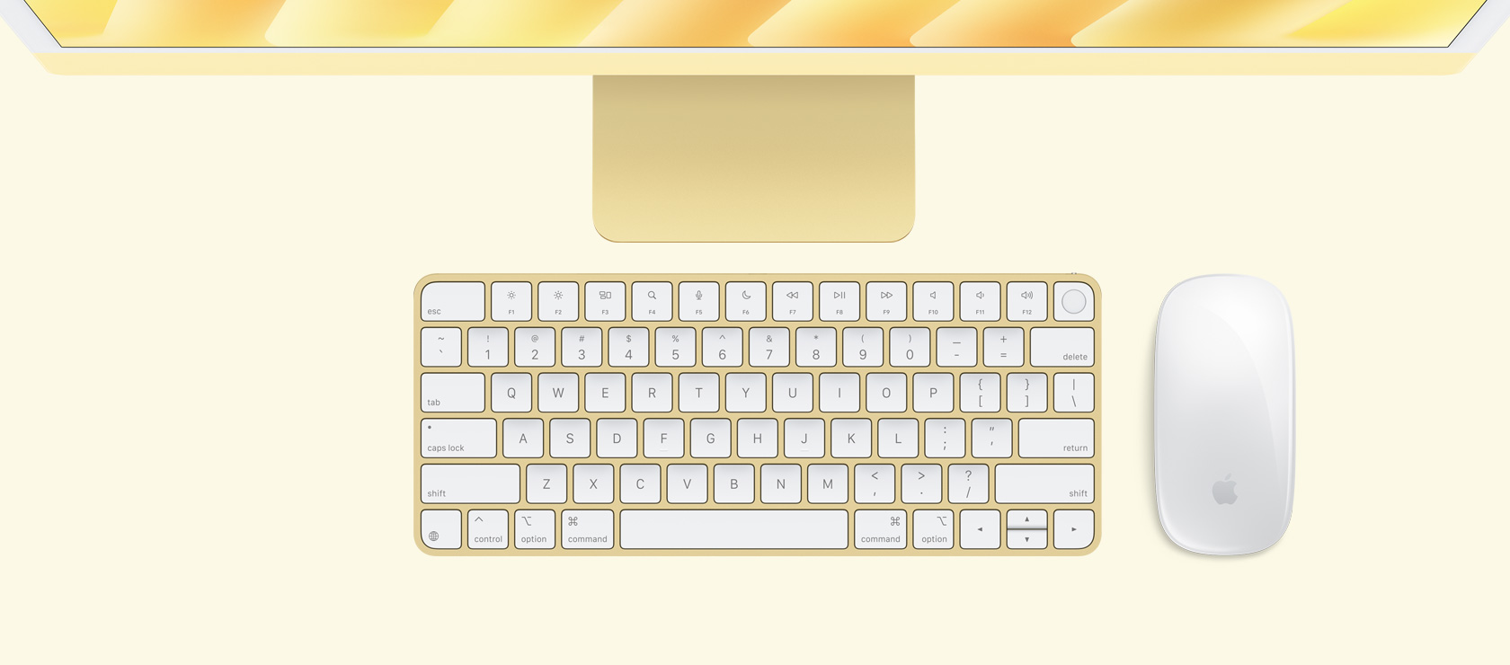 Overhead view of yellow iMac with color-matching mouse and keyboard