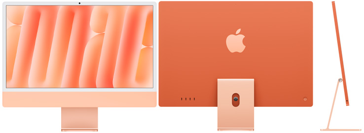 Orange iMac sedd framifrån, bakifrån och från sidan