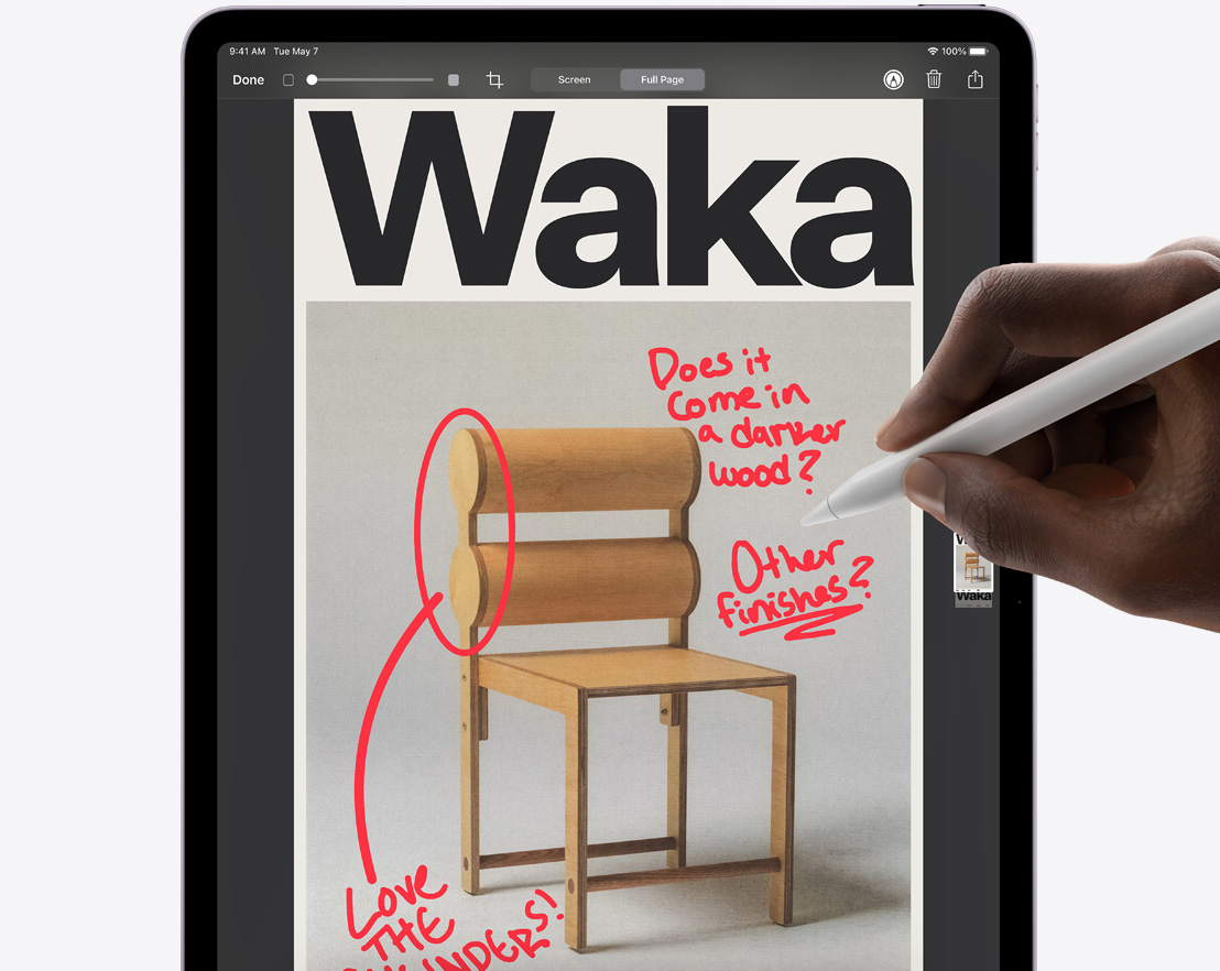 Apple Pencil Pro tekee merkintää Safarin sivulta otettuun näyttökuvaan iPad Prossa.