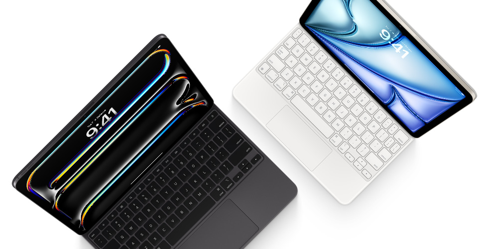 Must Magic Keyboardi külge kinnitatud iPad Pro ja valge Magic Keyboardi külge kinnitatud iPad Airi ülalt alla vaade.