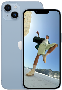 Tampilan belakang iPhone 14 Plus 6,7 inci dan tampilan depan iPhone 14 6,1 inci warna Biru.