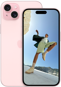 มุมมองด้านหลังของ iPhone 15 Plus ขนาด 6.7 นิ้ว และมุมมองด้านหน้าของ iPhone 15 ขนาด 6.1 นิ้ว สีชมพู