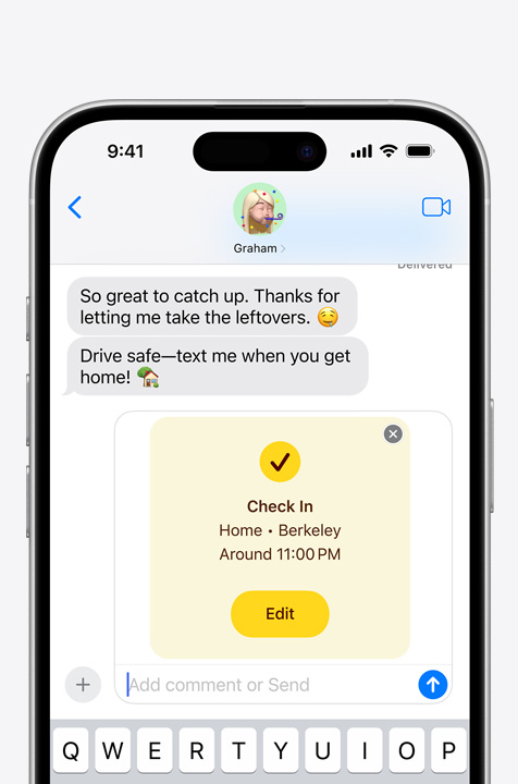 Text exchange showing "Check-in" safety feature.