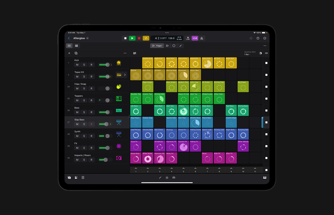 Interfaz de usuario de una función para grabar y hacer loops en Logic Pro para el iPad.